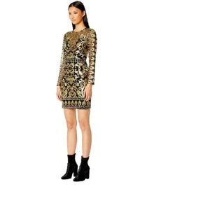 NWT - Nicole Miller - Gold Embroidered Scroll Illusion Dress - Size 6